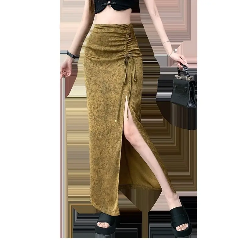 Solidna damska linia A Casual Female High Waist Y2K Sweet Korean Streetwear Clothing Black Chic Vintage All Match Shirring Skirts