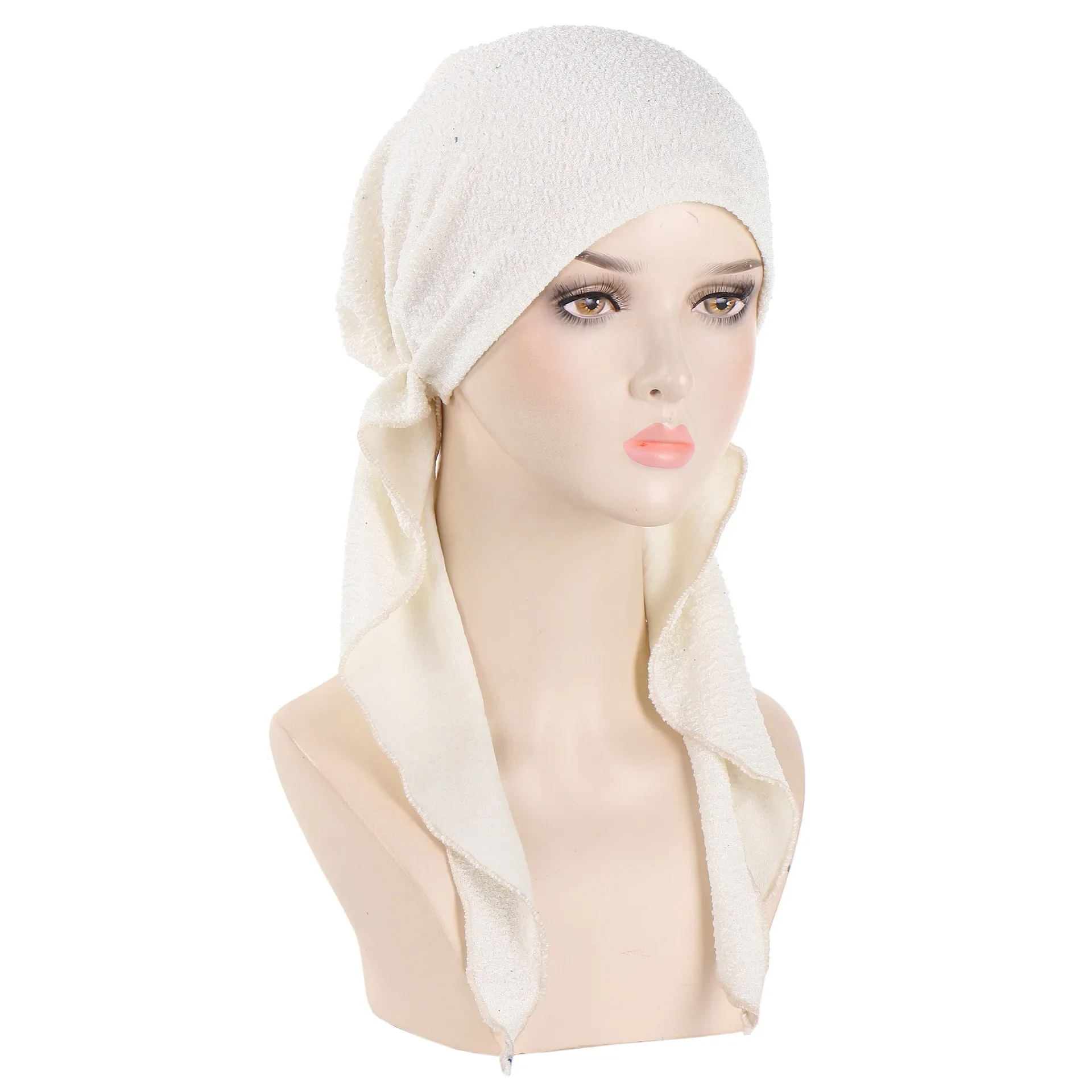 Nieuwe Shimmer Pre-Gebonden Hoed Vrouwen Moslim Hijab Tulband Lange Staart Hoofddoek Mutsen Motorkap Haaruitval Chemo Cap Hoofd wrap Bandana