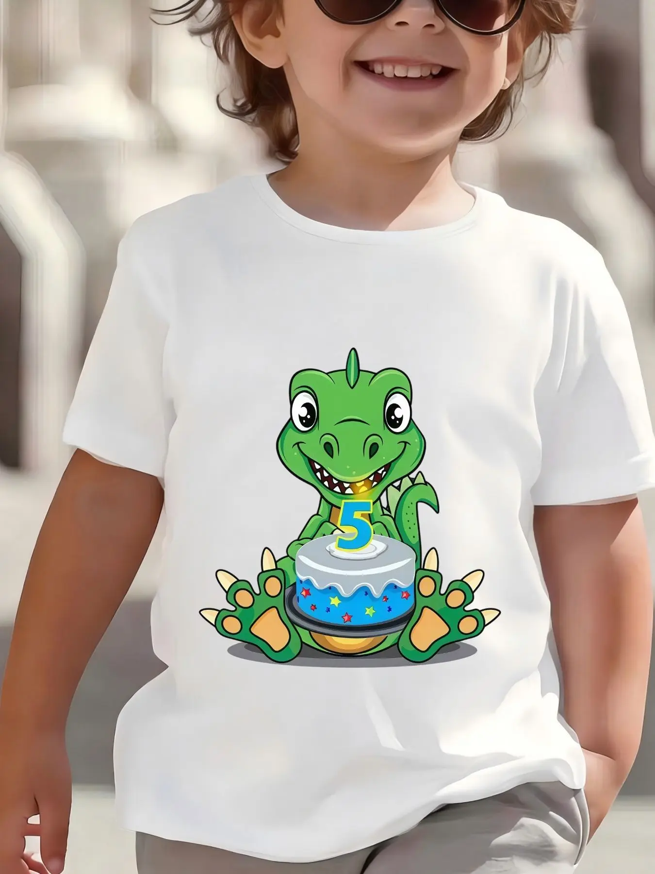 Kids Boys Girls Parent Child Matching Tee 5th Birthday Dinosaur Cake Graphic Print Short Sleeve Crew Neck Soft Daily Wear Tee