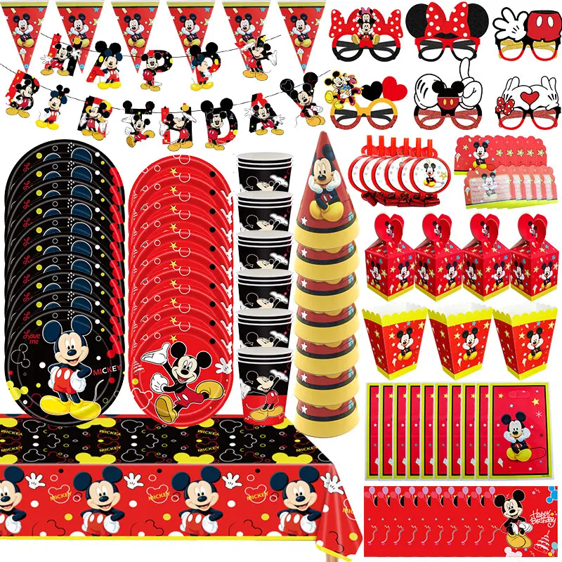 Décoration d'anniversaire Mickey Mouse, vaisselle Mickey mignonne, assiettes, gobelets, nappe, ballons, bannière, guirlande, fournitures pour fête d'enfants