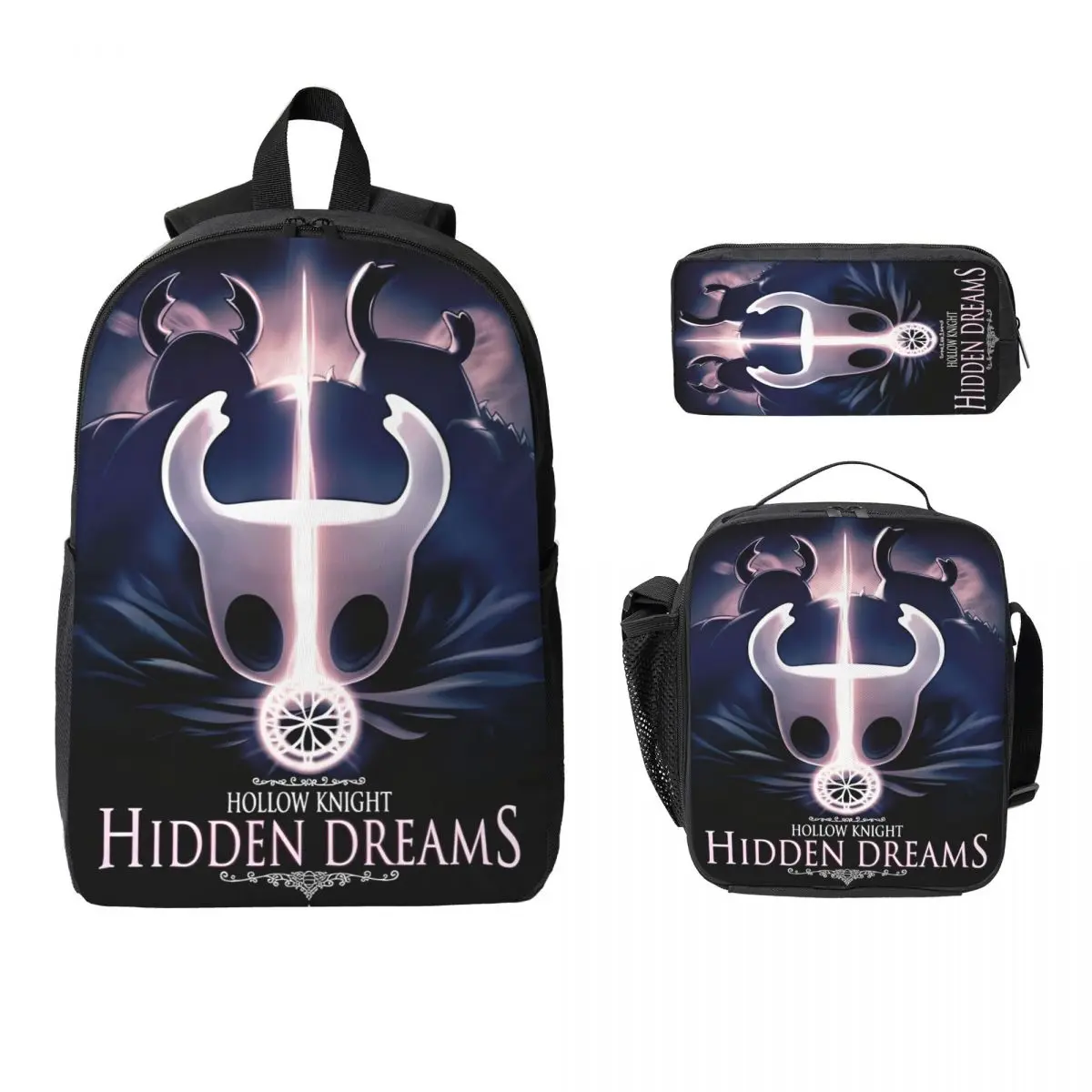 

3Pcs Hollow Knight Prints Backpack Set for Boy Girl Pencil Boxes Bookbag Sets with Lunch Box For School Students Daypack