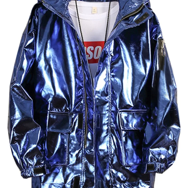 Men's Laser Hoodied Coat Singer Jazz Dancer Jacket Hip Hop Dance Costumes Nightclub Dj Ds Stage Rave Outfit