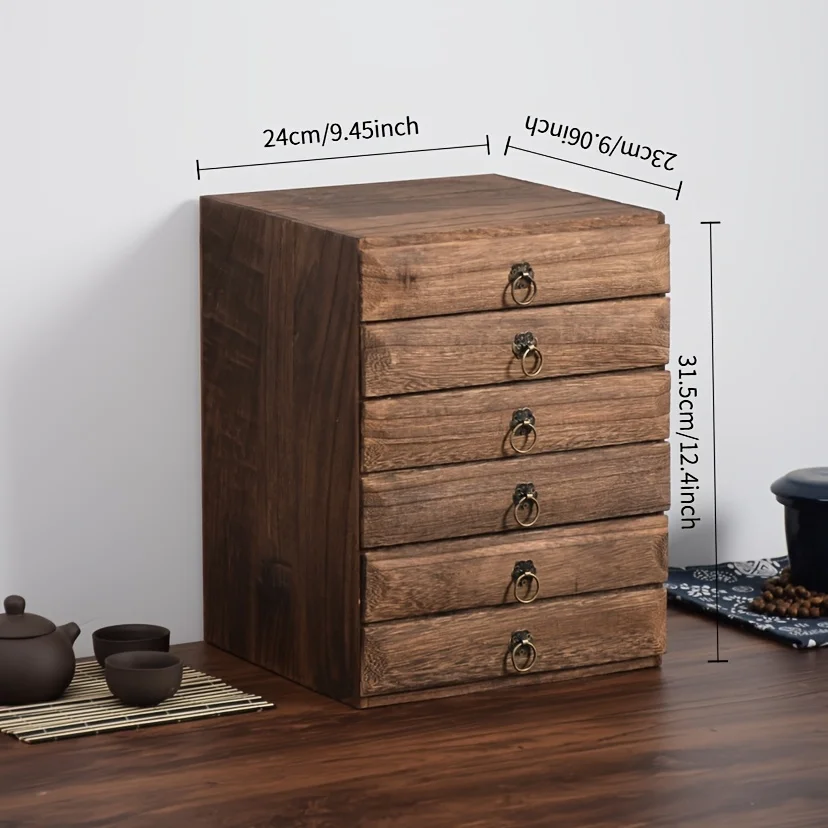 

Vintage Carbon Wood Storage Box - Multi-Functional Rectangular Organizer with Drawers