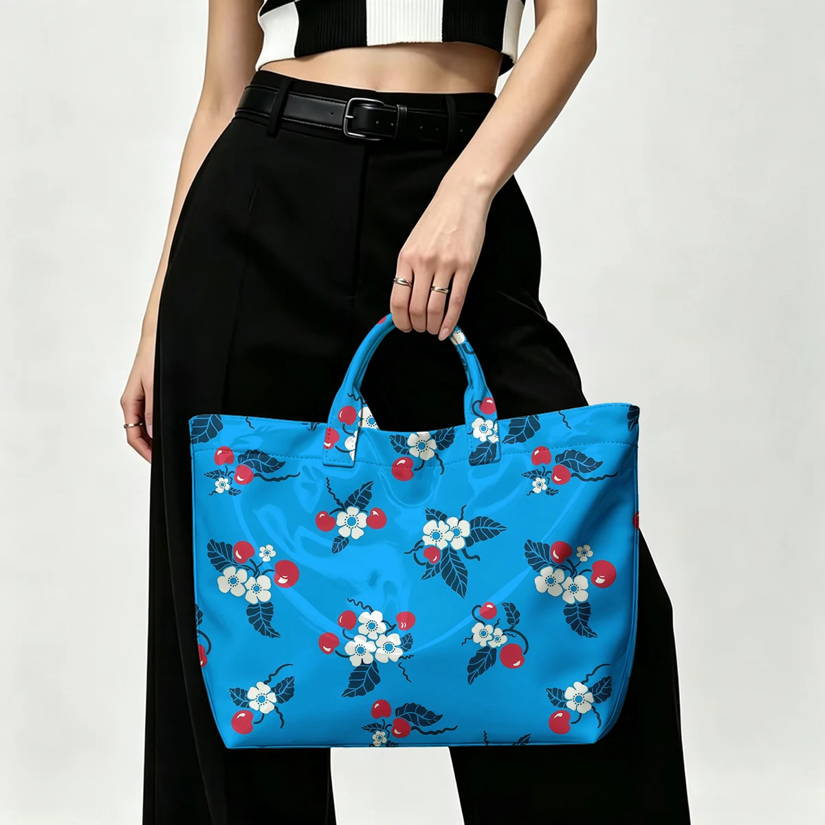 Retro Cherry Floral PVC Tote Bag Waterproof Transparent Jelly Bag Beach Bag Tote Pouch Bow Handbags Storage Bag