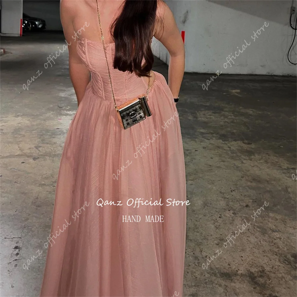 Qanz Chiffon Dirty Pink Evening Dresses Strapless Long A Line Dress Women Elegant Party Vestidos De Noche Para Dama Customized