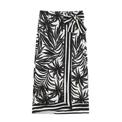 Tangada 2024 Summer Women Flower Print Skirt Bow High Waist Female Wrap Skirt 3H0246-1