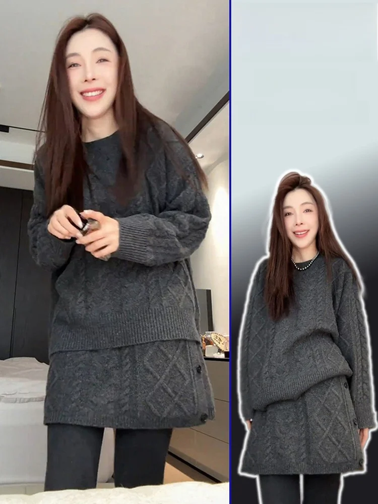 

plus Size Casual round Ne Sweater Women's Faion Set High Waist Skirt Thiened Long Sve Warm Loose Fit Autumn Winter