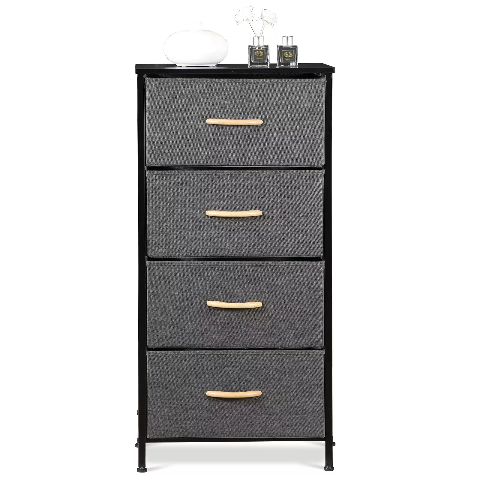 

Vertical Dresser Storage Tower Sturdy Steel Frame, Wood Top 4 Drawers, Dark Gray