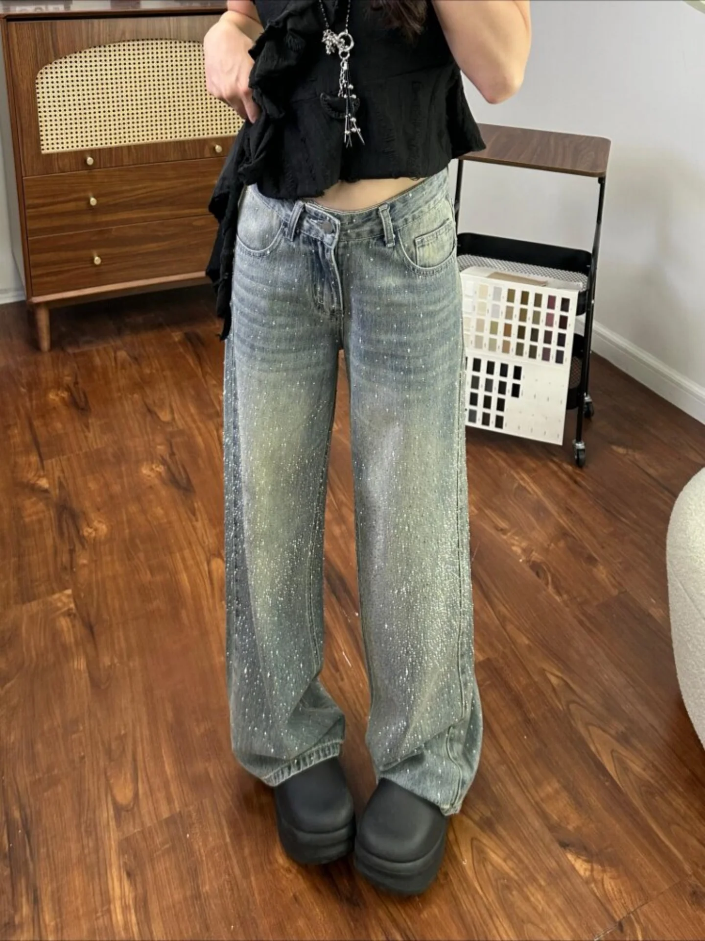 High Waist Straight Leg Jeans Women's Summer Thin Loose Wide Leg Pants Diamond Studded Denim Retro Style Casual Cotton Jeans