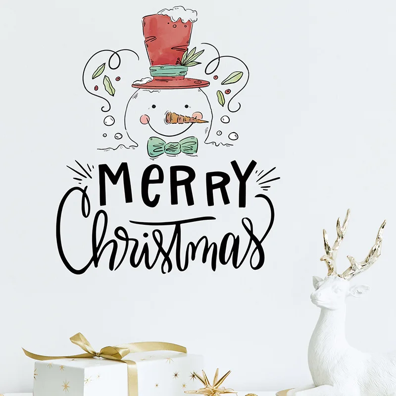 Cartoon Christmas Slogan Cute Snowman Self-Adhesive Wall Sticker Children's Room Festival Decoration Sticker