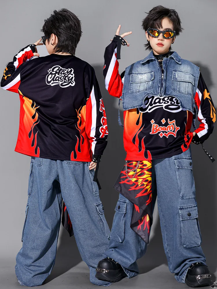 Kinder-Streetdance-Auftrittsoutfit Jungen Hip-Hop Denim-Kleidungsset Atmungsaktive Polyesterfaser Rundhals-Print-Design – Detail 18