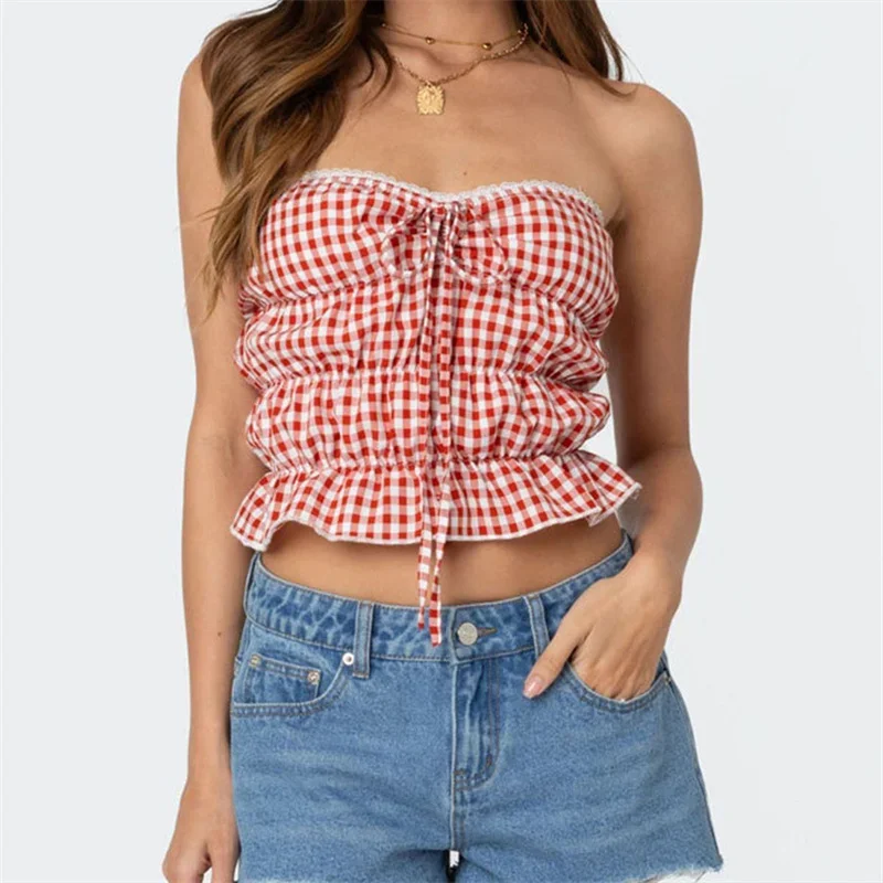 Women Red Gingham Pattern Tube Tops  Lace Trim Front Tie Up Strapless Open Back  Crop Tops Y2k Bandeau Slim Fit Cropped Tanks