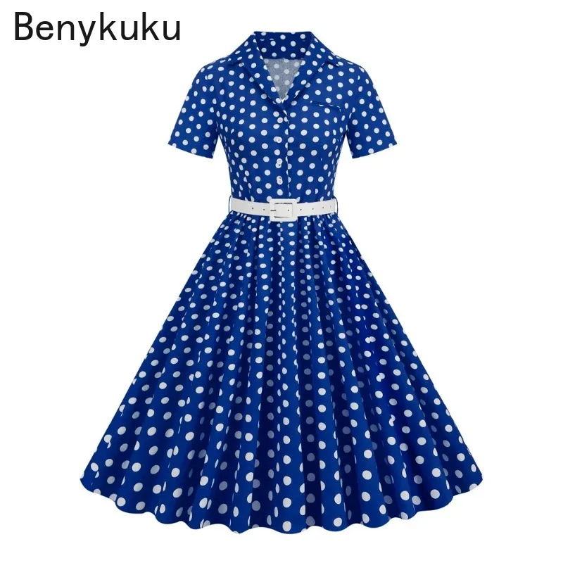 Polka Dot 50s 60s Pinup sukienka Vintage kobiet elegancka szata z paskiem zapinana plisowane odzież damska damskie długie sukienki Rockabilly