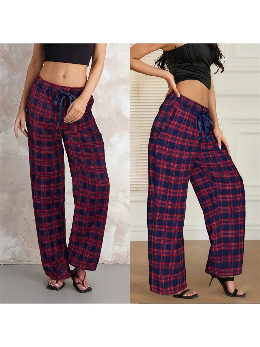 

Женский стильный комплект из двух предметов, однотонный укороченный топ с длинными рукавами и длинные брюки в клетку с удобными карманами