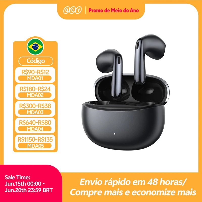 Fones de ouvido sem fio QCY AilyBuds E50 HT11 com cancelamento de ruído híbrido adaptativo de alta resolução, Bluetooth 6.0, som espacial, drivers de 11 mm e 40,5 horas de reprodução.