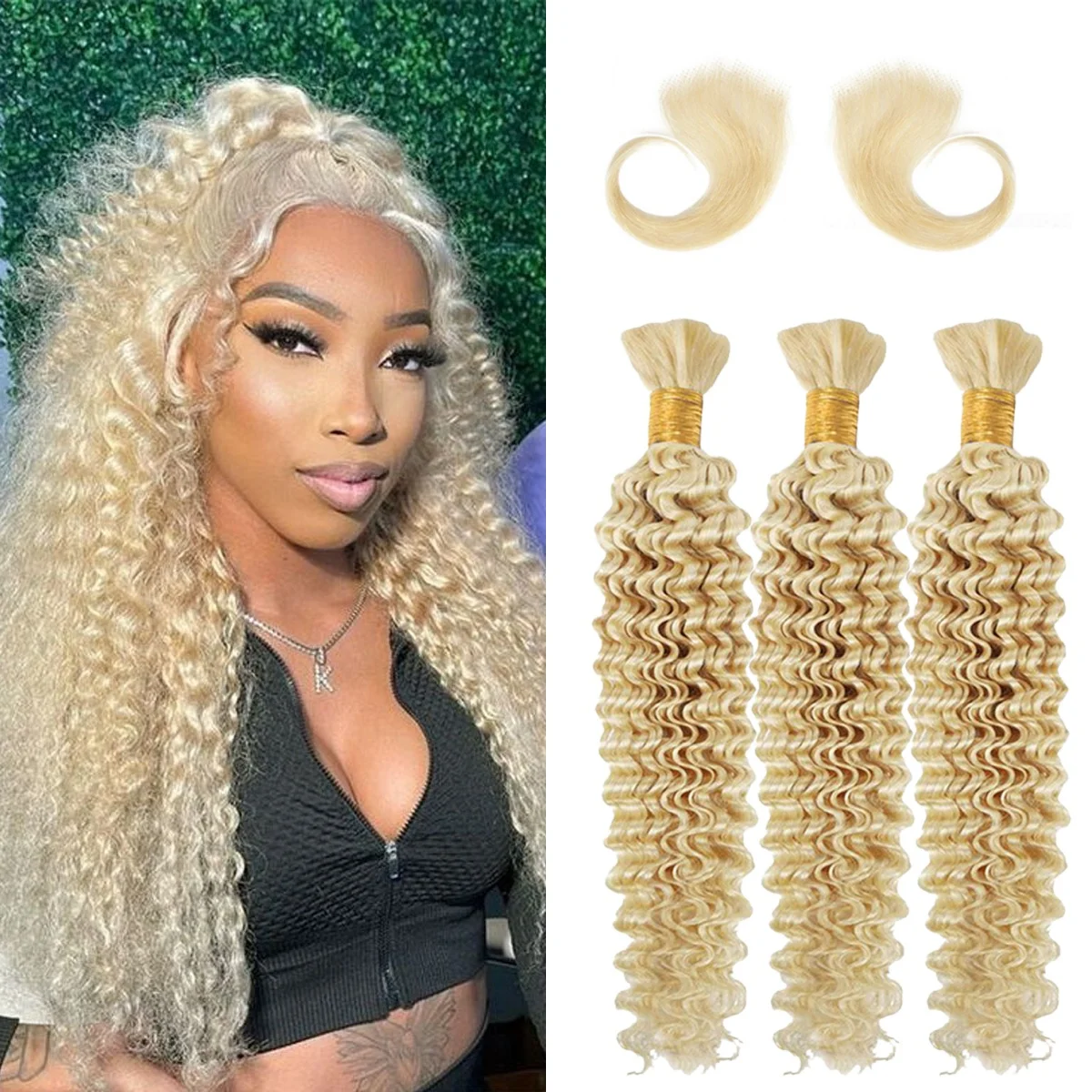 613 Bulk Human Hair For Braiding Honey Blonde Deep Wave Double Drawn Bulk Human Hair Extensions Bundles No Weft For Boho Braids