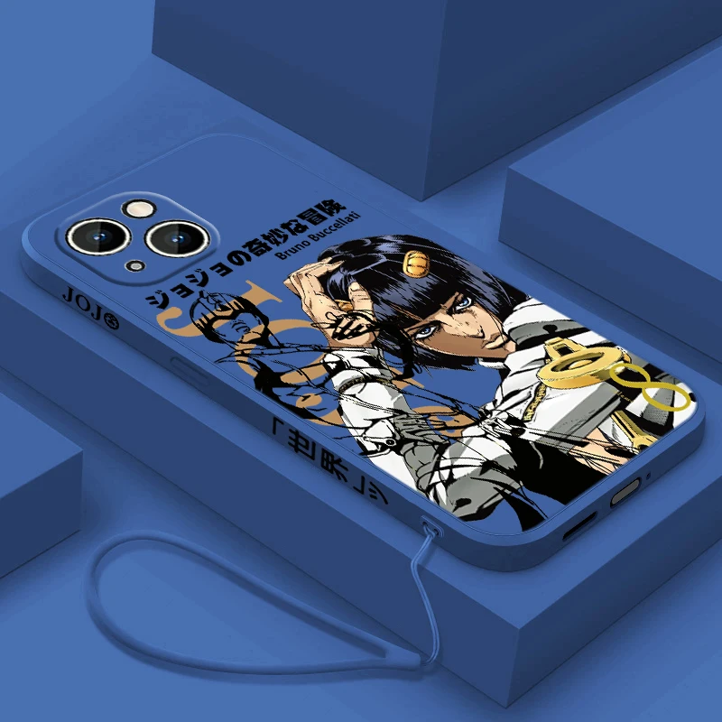 JOJO Anime carino per Apple iPhone 15 14 13 12 11 XS XR X 8 7 Pro Max Plus Mini custodia per telefono con corda sinistra liquida