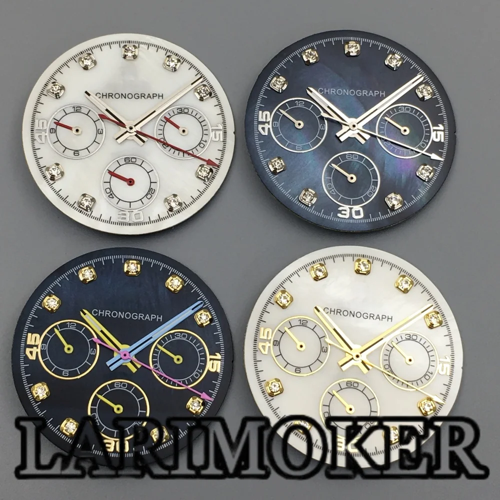 

LARIMOKER 30MM white blue watch dial pearl shell surface silver gold diamond index for VK63 movement replacement parts