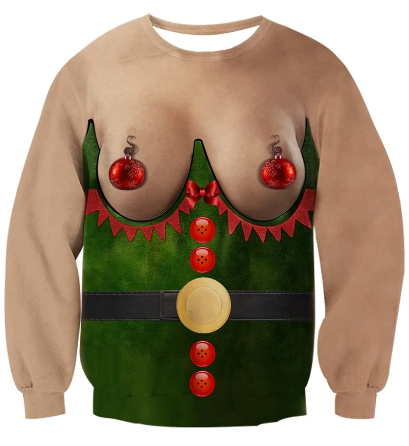 

Mens Ugly Christmas Sweater 3D Funny Elf Boobs Design Printed Novelty Xmas Pullover Sweatshirt For Party Funny Xmas Gift Hoody