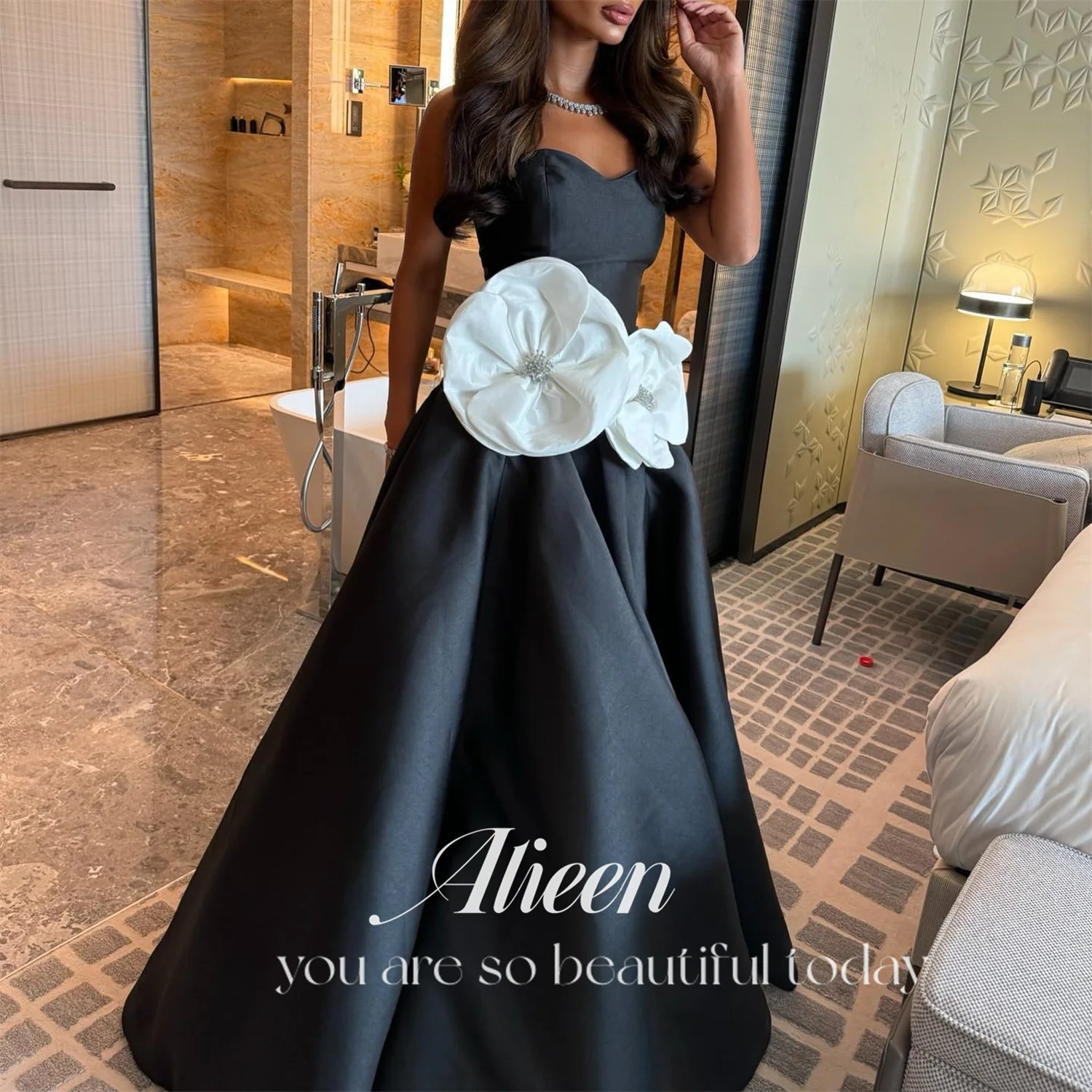 Aileen Black Off the Shoulders 3D Flowers Satin A-line Chubby Elegant Party Dresses 2024 for Wedding Evening Woman Gala Prom