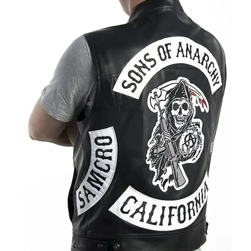 ABC123Leather Men Motorcycle Cosplay Costume Sleeveless Jacket Sons An Embroidery Rock Punk PU Vest V Neckb;6'j,k.9;a view 6