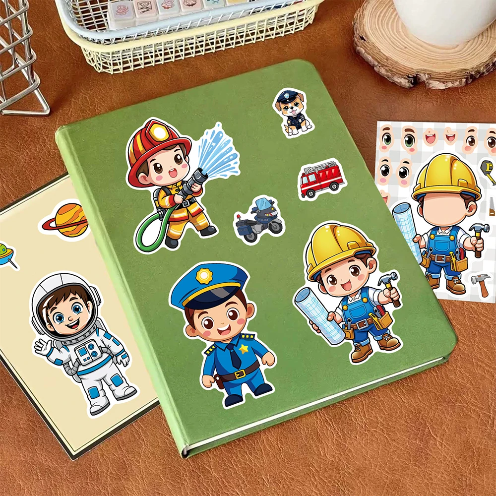 8/16 fogli Divertenti cartoni animati Occupazione Puzzle adesivi Crea un viso Telefono portatile fai da te Assemblare Jigsaw Education Decorazione adesivo