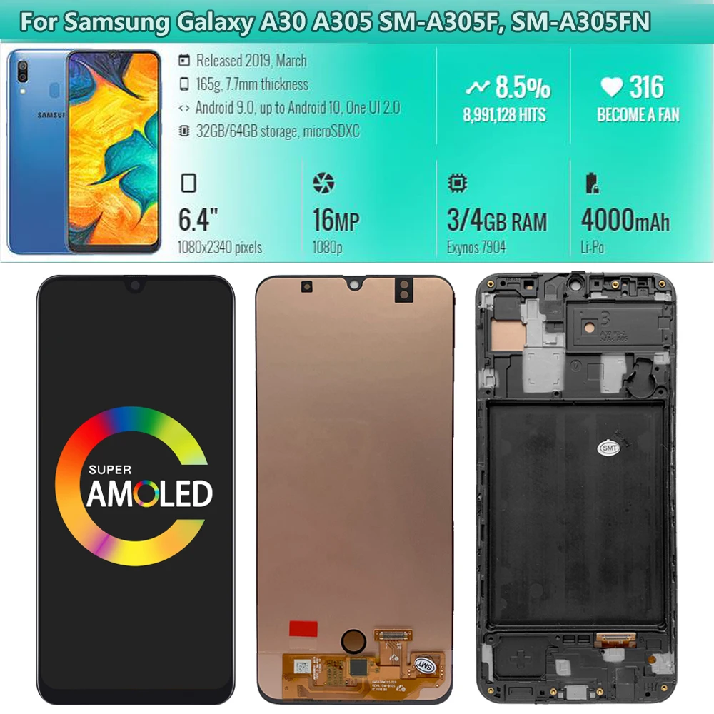 For AMOLED For Samsung A50 A505F/DS LCD A10,A20,A30,A30S Display Touch Screen Digitizer With Frame For Samsung A515 lcd