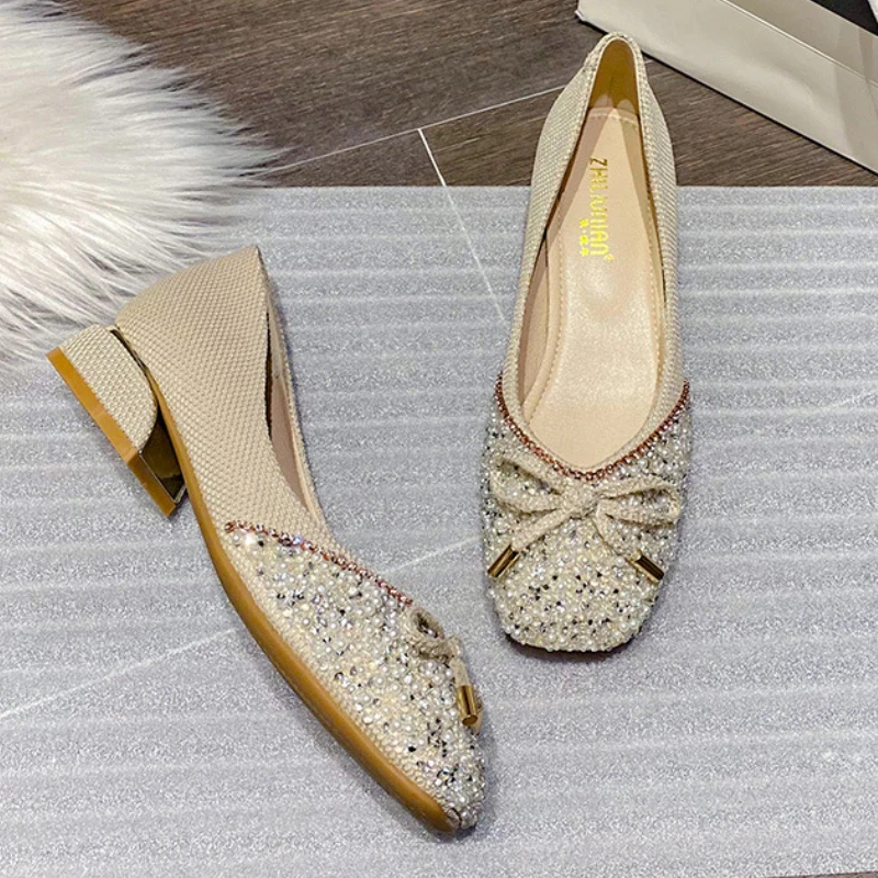 Plus Size 33-43 Women Pumps 3cm Heel Square Toe Lady Shoes Bling Pearls Diamonds Bowknot Design FSweet Wedding Party Shoes