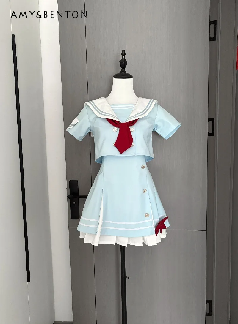 

Sweet Girl Navy Collar Jk Uniform Suit Summer New Japanese College Style Cute Bow Splicing Color A-line Pleated Dress Coat Sets
