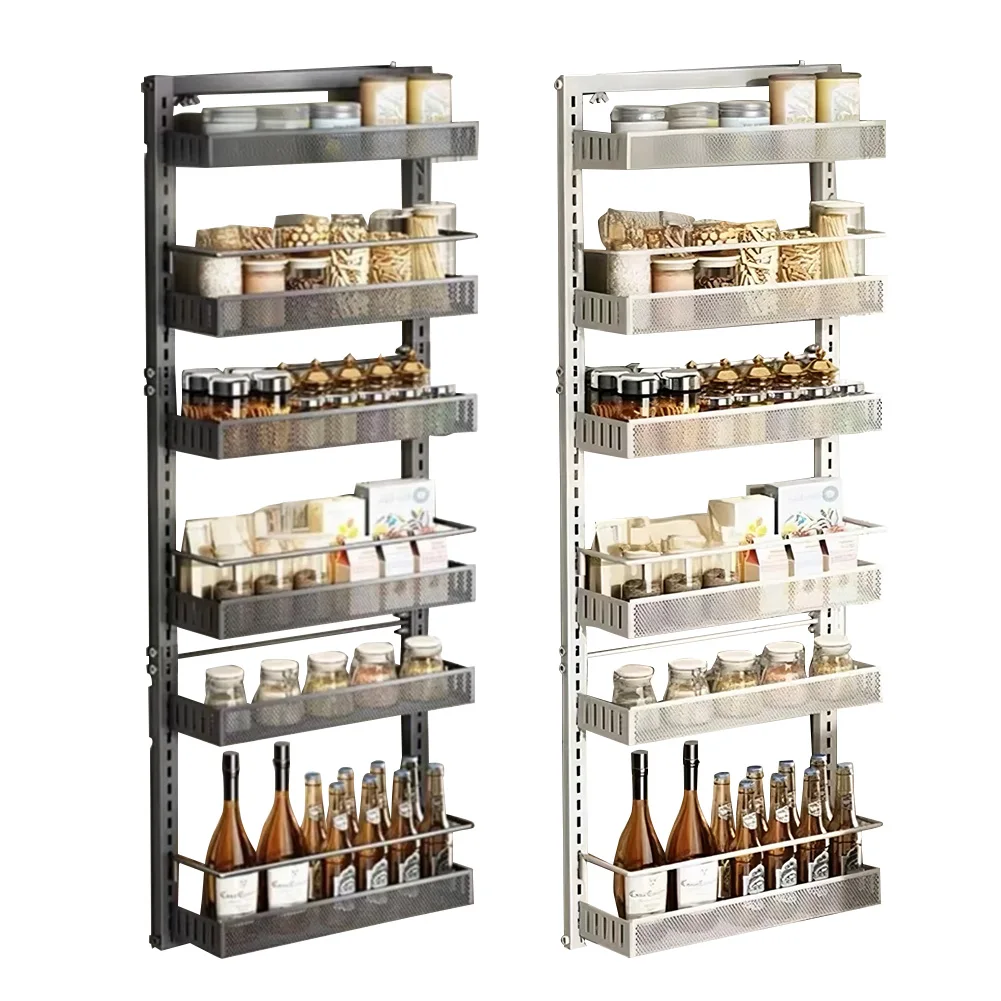 Estante de Almacenamiento Metálico de 6 Niveles para Puerta – Organizador de Despensa Resistente y Ajustable – Cestas Extraíbles, Estante de Cocina para Especias y Latas