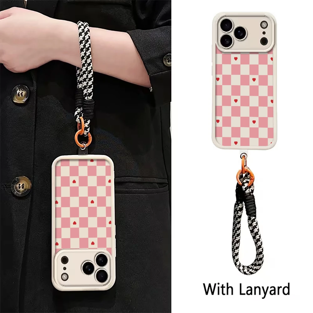 Herzförmige karierte Handgelenk-Schutzhülle für iPhone 16 17 Pro Max Hüllen Telefon 11 12 13 ProMax 14 15 Plus mit Lanyard Weiche Hülle – Detail 4
