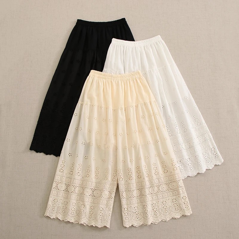 

Japanese Sweet Mori Girl Embroidery Hollow Out Wide Leg Pants Women Elastic Waist Double Layer Lining Loose Cotton Trousers