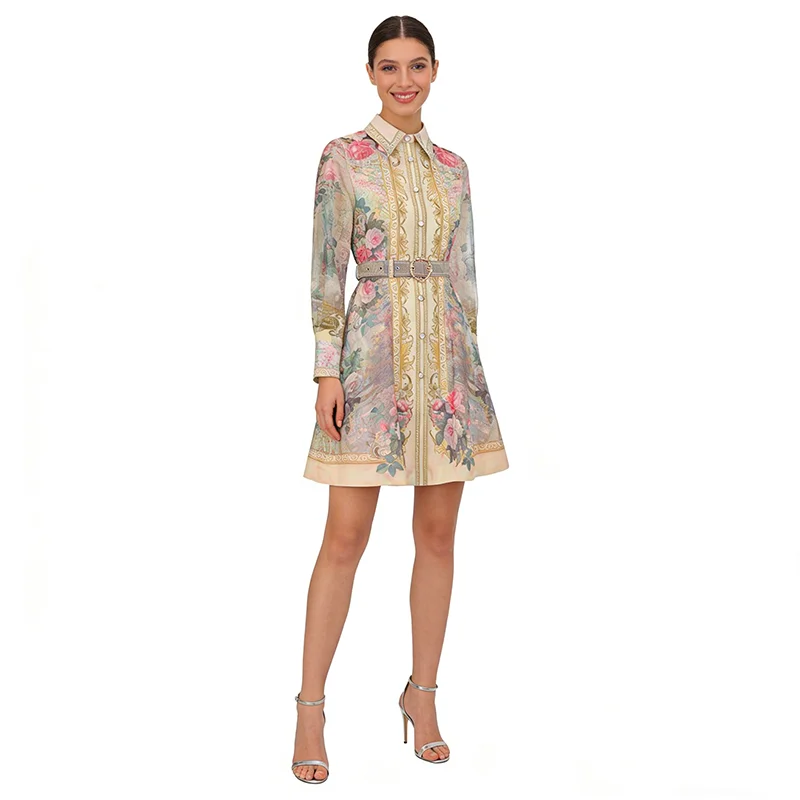 Vintage Baroque Floral Print Shirt Dress for Women's Lapel Elegant Long Sleeve Button Front Vintage A-Line Work Dress with Belt view 2