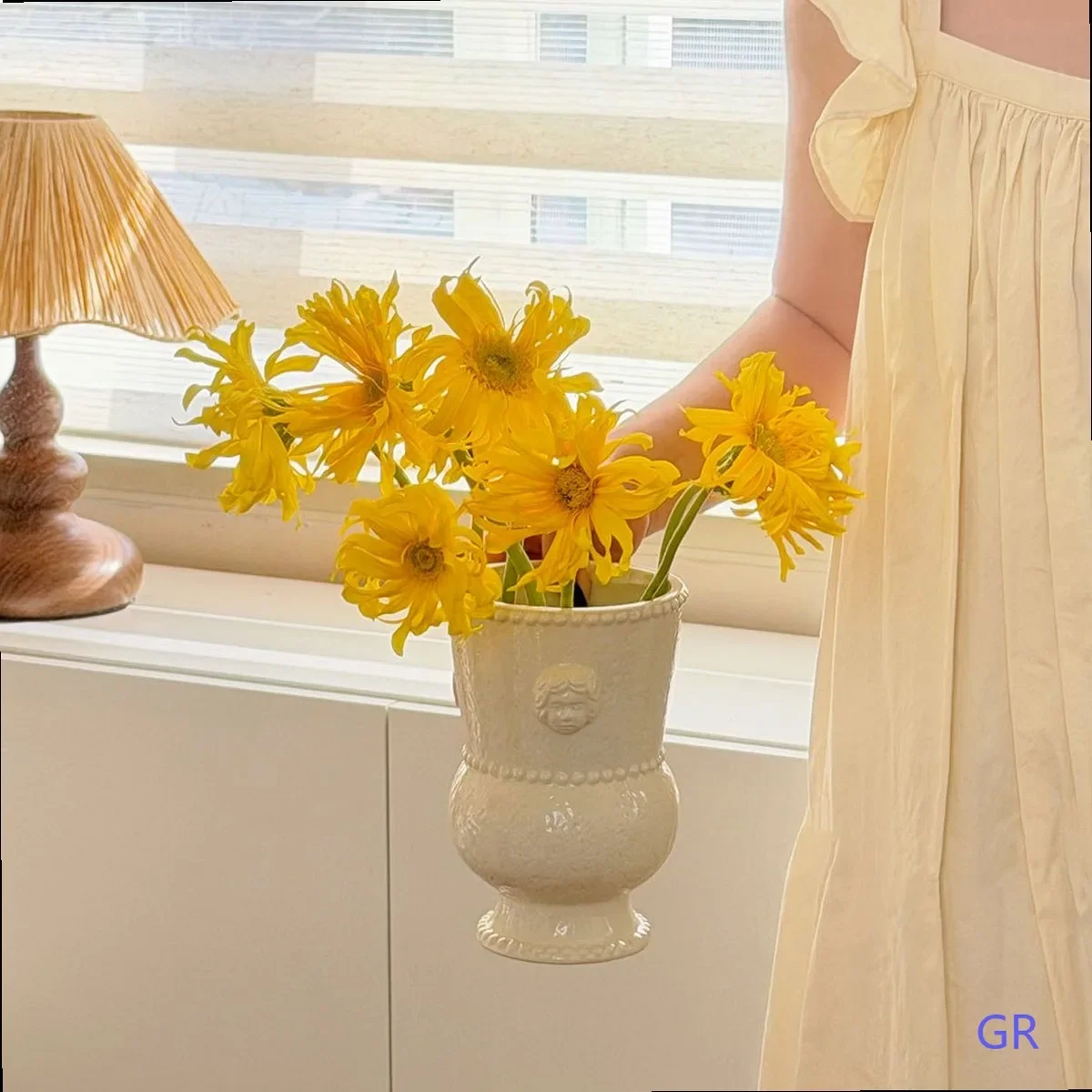 European Relief Ceramic Vase for Flowers, Minimalist Table Decor Home Accent