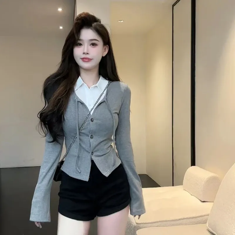 

Long Sleeved T Shirt For Woman Cotton Womens Spring Slim Tailoring Layered Academy School Ribbed Waist Pleat Feminine Solid