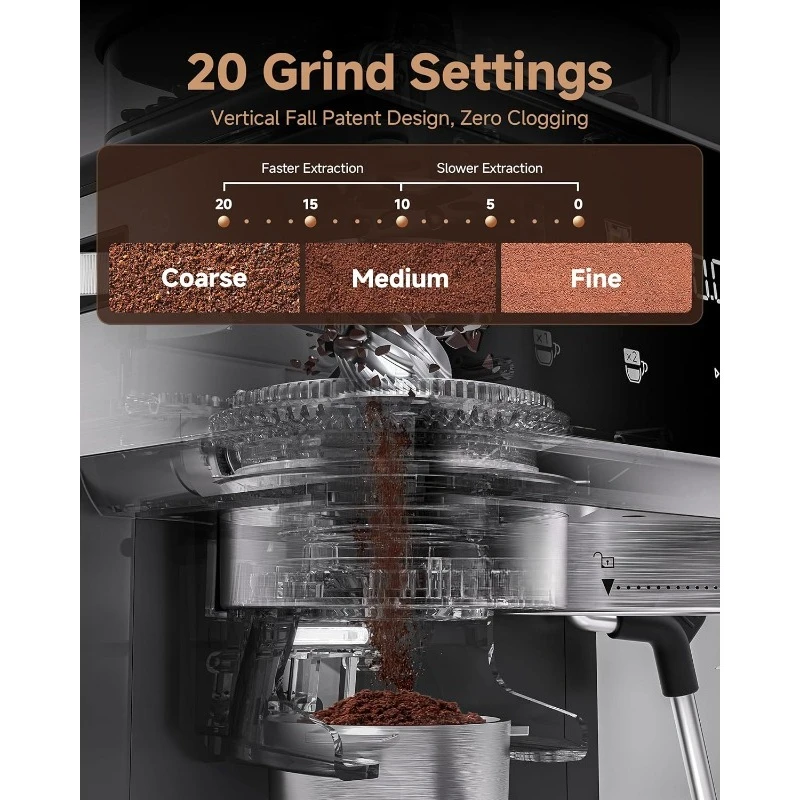 ماكينة اسبريسو 20 بار مع مطحنة - ماكينة قهوة 3 درجات الحرارة مع 20 إعدادًا للطحن، ماكينة صنع اسبريسو للمشروب الساخن/البارد #2