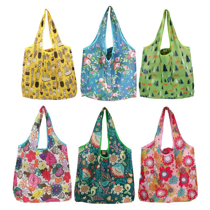 Ladies Reusable Shopping Tote Bag Women\'s Foldable Recycle Shopping Bag Eco Friendly Floral Fruit Vegetable Grocery Pocket Bags