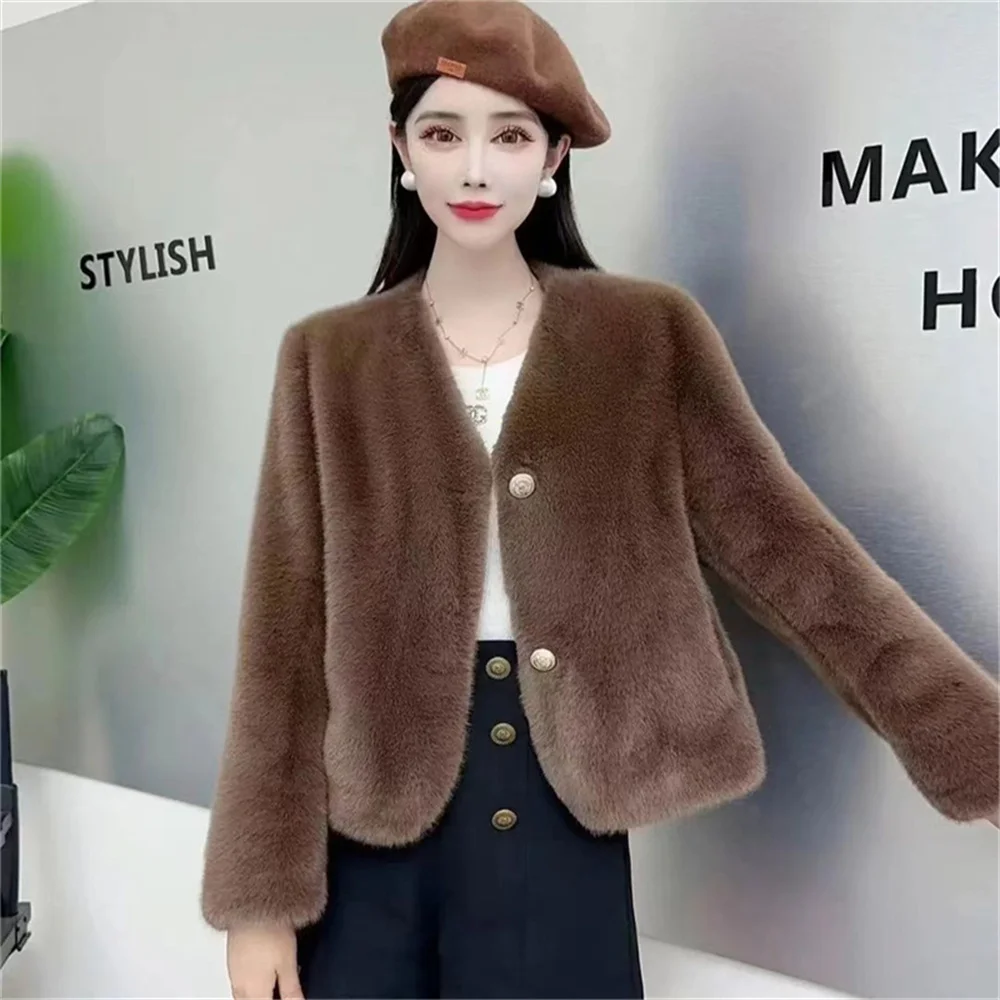 Brown Mink Fur Coat For Women With V-neck WoolCoat Lmitation Fur Jacket For Female Versatile Fashionable Stylish Button Fur Coat