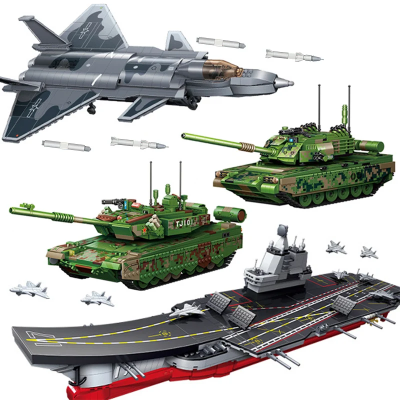 

Chinese Military Weapons J20 Fighter ShanDong Aircraft Carrier Model Building Blocks WW2 Type 99 Main Battle Tank Bricks MOC Toy