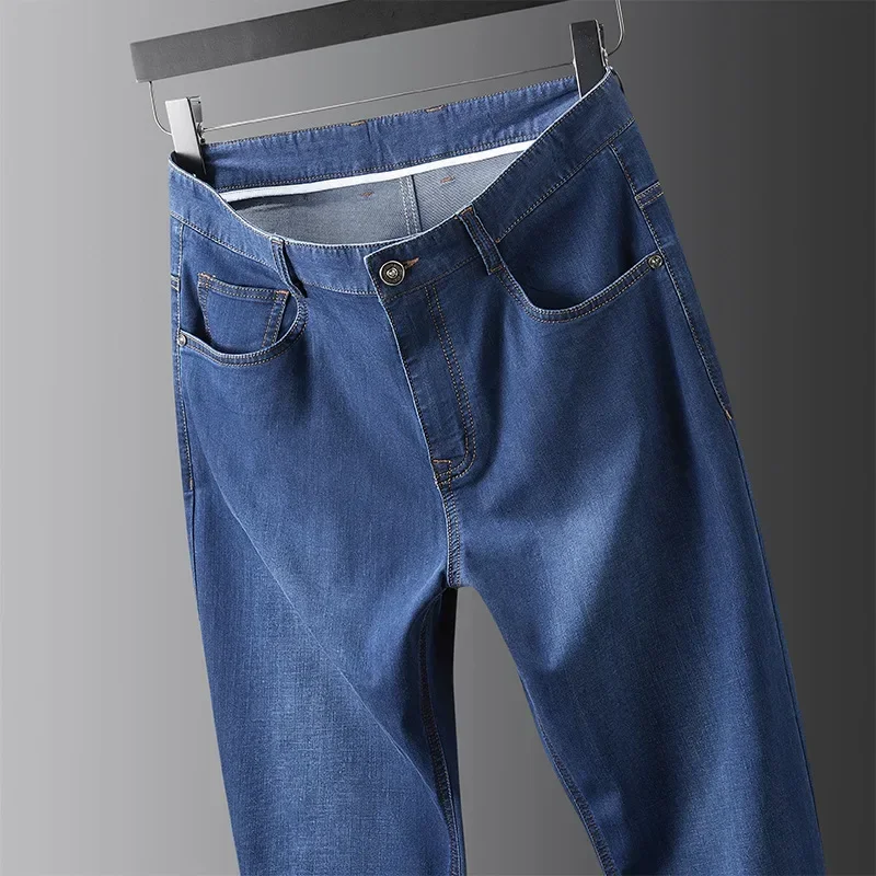 

Silk Men Jeans Summer Thin Straight Business Casual Pants Mid Waist Solid Color Fashion Jeans for Men Clothes