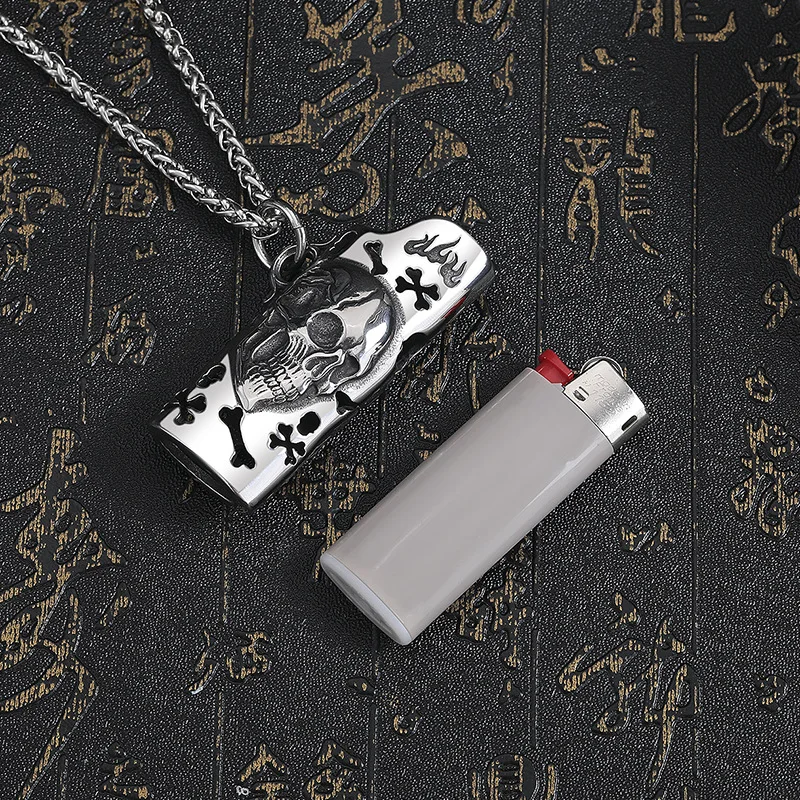 Titanium Steel Unique Lighter Pendant for Men Vintage Skull BIC Lighter Mini J5 Lighter Case Cover Stainless Steel Necklace Cha