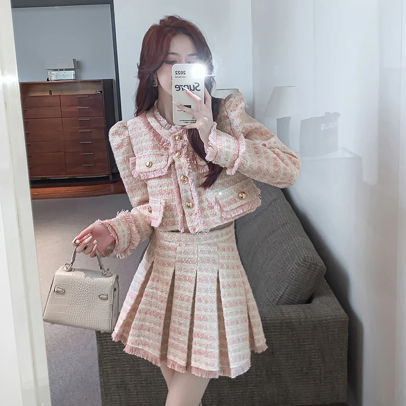 Women Elegant Tassel Y2K Korean Suit Jacket Coat And Skirt Two Piece Set Plaid Outfit New Winter Jacquard Tweed Pink Clothing