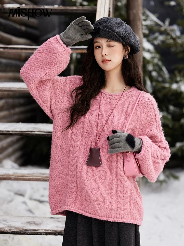 MISHOW Coarse Yarn O-Neck Pullover Loose Warm Solid Knitted Sweater Versatile Sweets High Strecth Soft Warm Tops MXD59Z1135