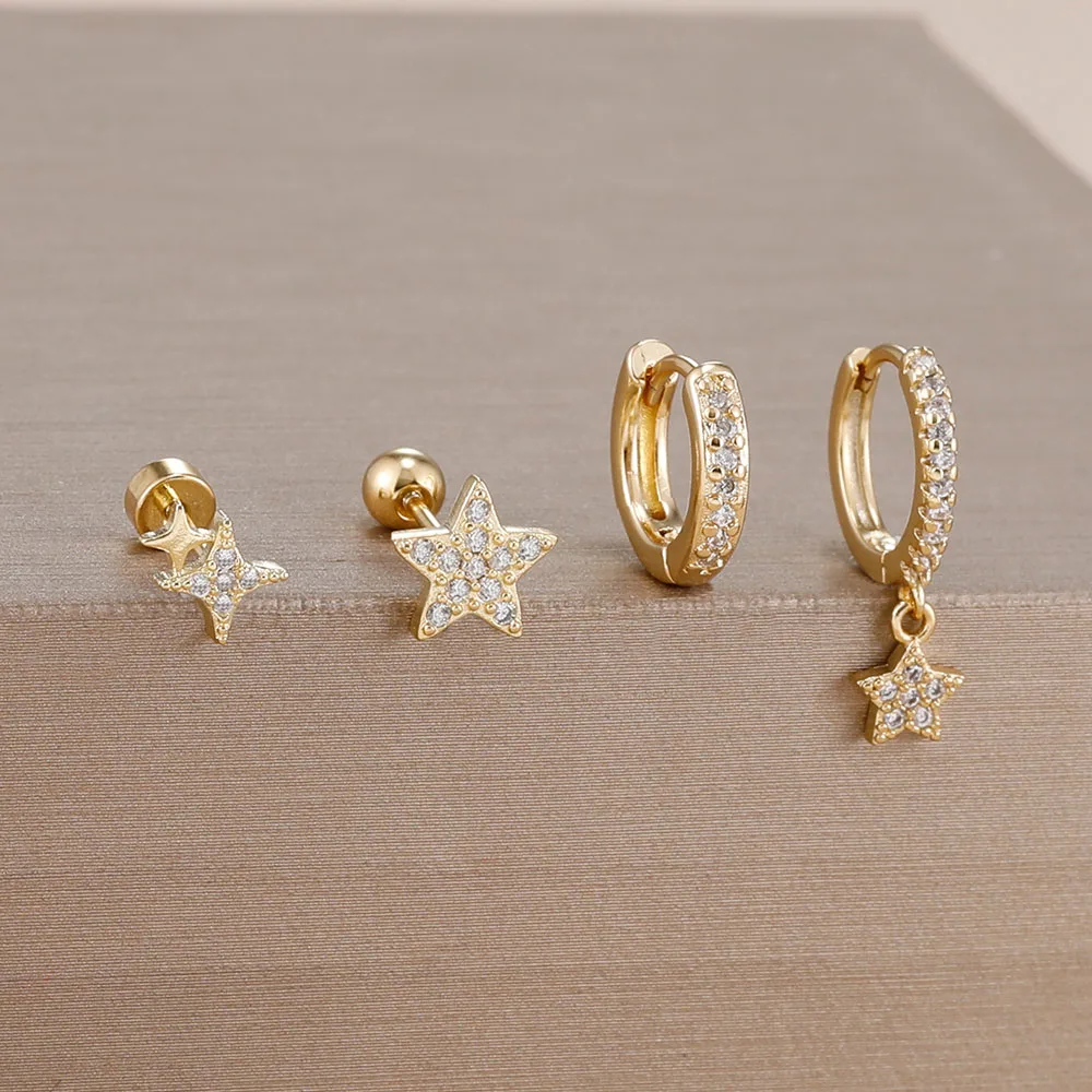 4PCS Fashion New Combine Set Shiny Small Crystal Star Earring for Women Cartilage Helix Tragus Piercing Ear Stud Jewelry