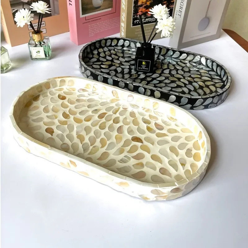 Shell tray, handmade colored shell decorative fruit plate, home desktop coconut round storage plate