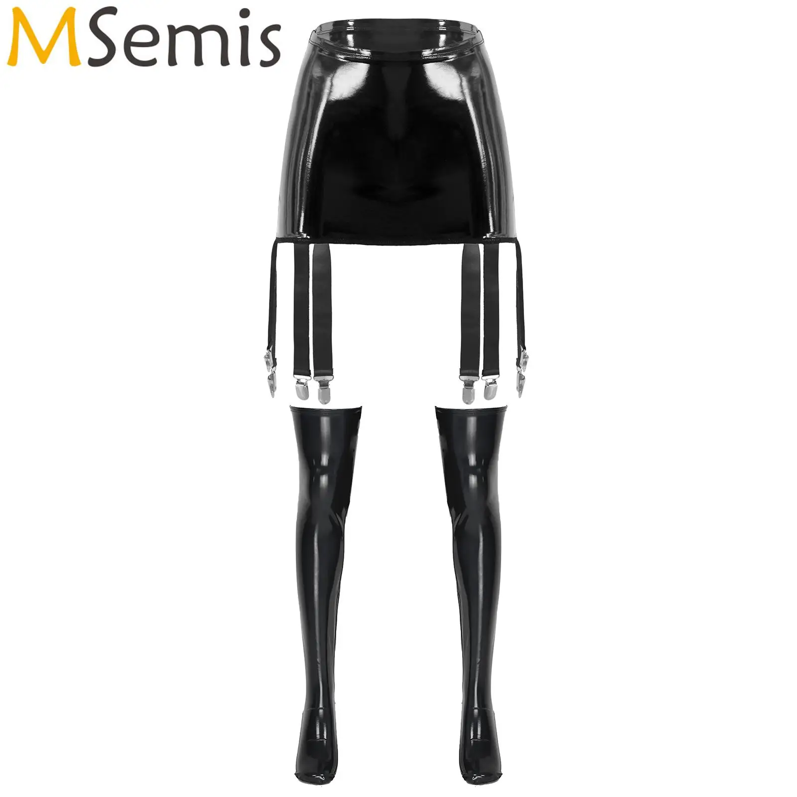 

Womens Patent Leather High Waist Skirts Wet Look Clubwear Costumes Six Clips Garter Belt with 1 Pair Footed Thigh High Stockings