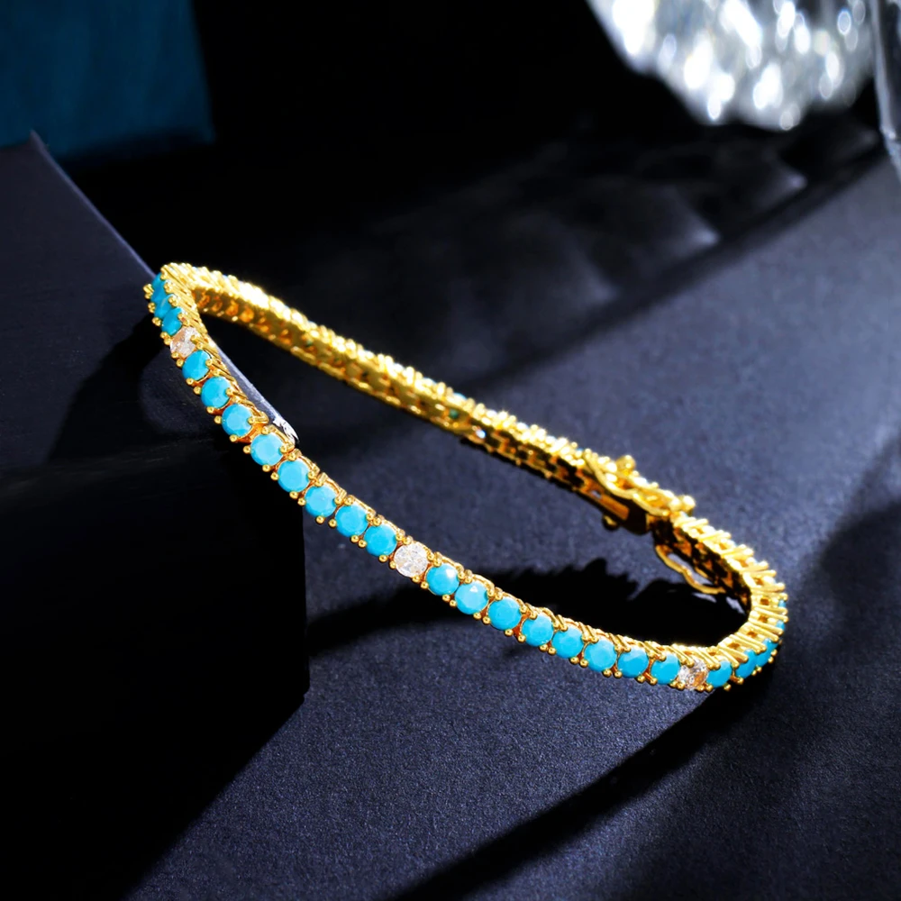 BeaQueen Trendy Tennis Link Chain Turquoise Bracelets with Round CZ Stones for Women Gold Plated Costume Jewelry Party Gift B271