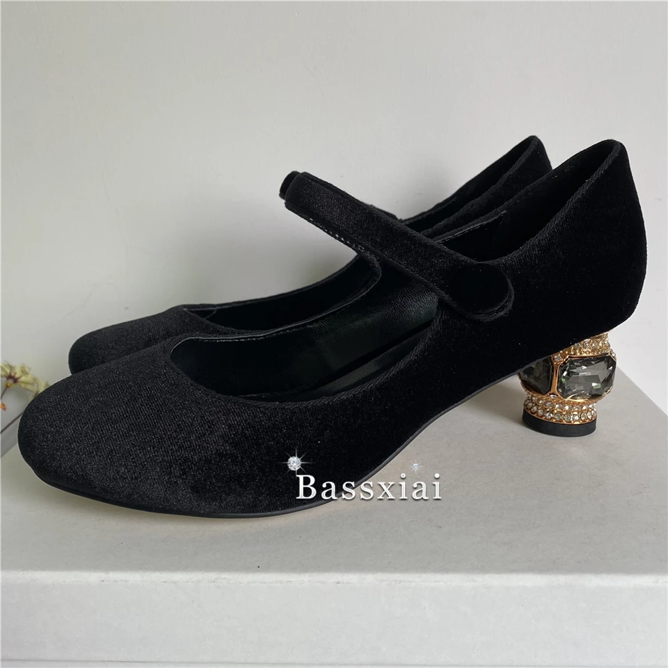 Luxury Velvet T-Strap Women Pumps Jeweled Rhinestone 6cm Heel Round Toe Side Cut Outs Spring Autumn Banquet Shoes Woman