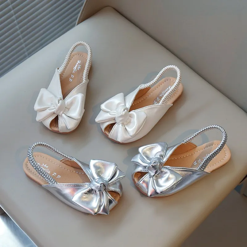 

2025 New Summer Sandals European and American Flat Toddler Elastic Bow Hollow Design Children's Shoes