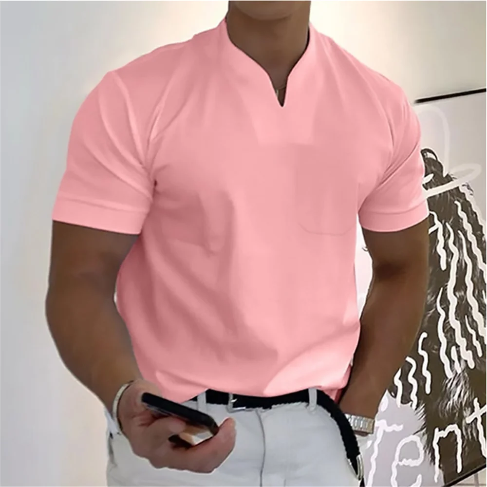 2024 New Men\'s Polo T-Shirts Short Sleeve V-Neck Tops Daily Men\'s Solid Color Clothes Golf Shirts Workout Fitness Sports Wear